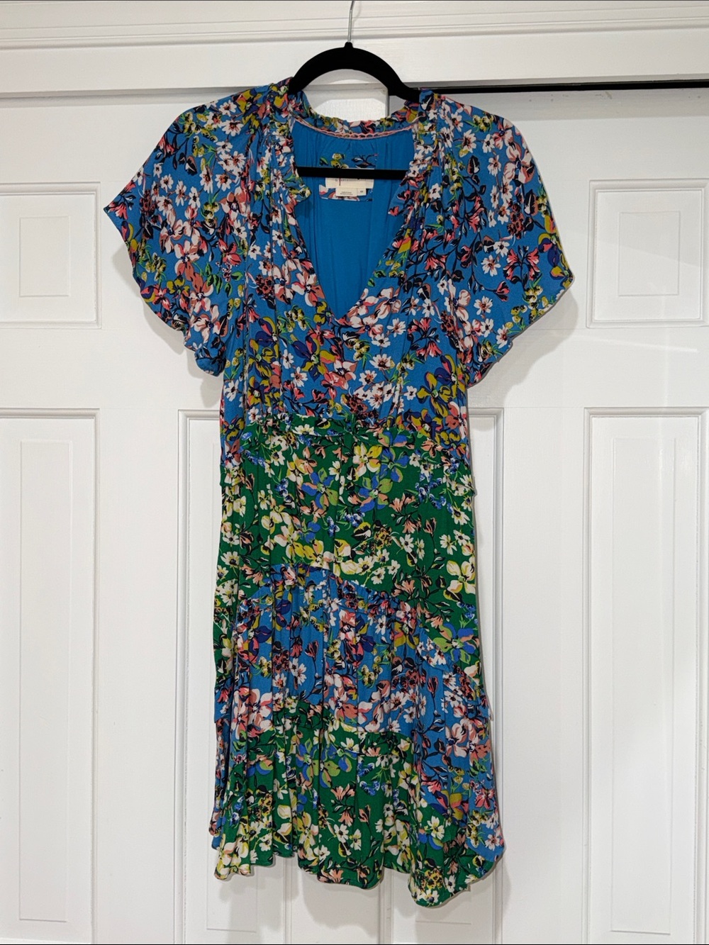 By Anthropologie Floral V-Neck Tiered Summer Dress in Blue & Green